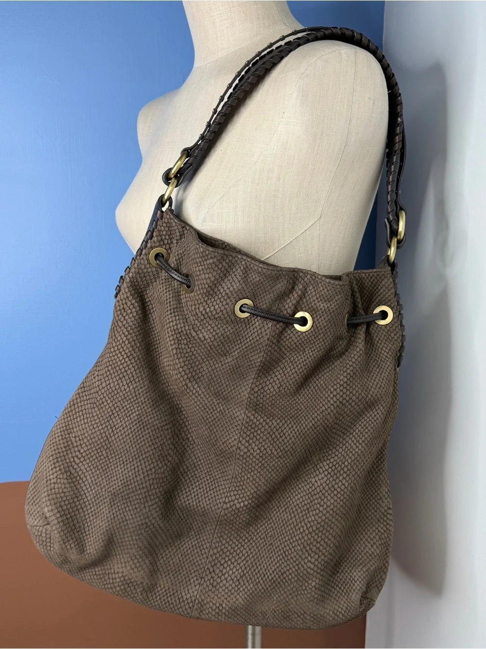 Donald J Pliner Women's Brown Drawstring Suede Snakeskin Shoulder Bag